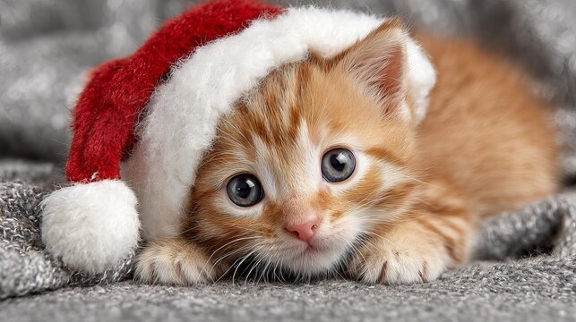 Adorable Christmas kitten wearing Santa hat sitting by glowing holiday lights cozy festive winter pet portrait for greeting cards social media posts and seasonal home decor