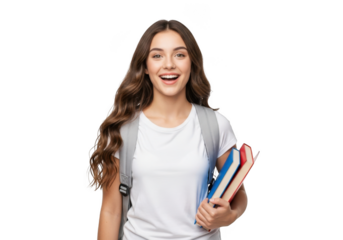 Excited young woman with long wavy hair wearing a white t shirt and backpack holding books isolated on transparent background