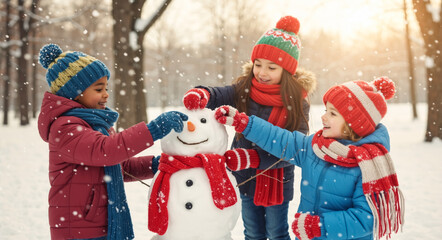 Happy diverse children building a snowman together in a snowy park. Multiethnic friends having fun playing outside in winter during snowfall. Childhood friendship concept.