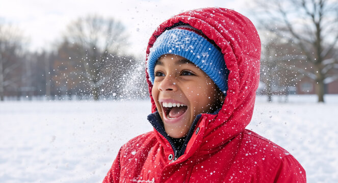 Happy young black boy laughing while playing in the snow. Joyful african american child in a red winter jacket enjoying a cold day outdoors. Childhood winter fun and excitement - Powered by Adobe