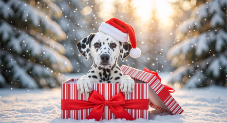 Cute Dalmatian puppy in a Santa hat pops out of a Christmas gift box in a snowy winter forest. Adorable holiday pet surprise