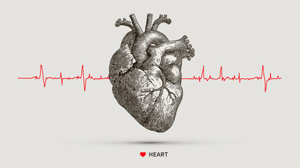 Vector line art drawing illustration of human heart anatomy with a flower design card symbol for business logo icon