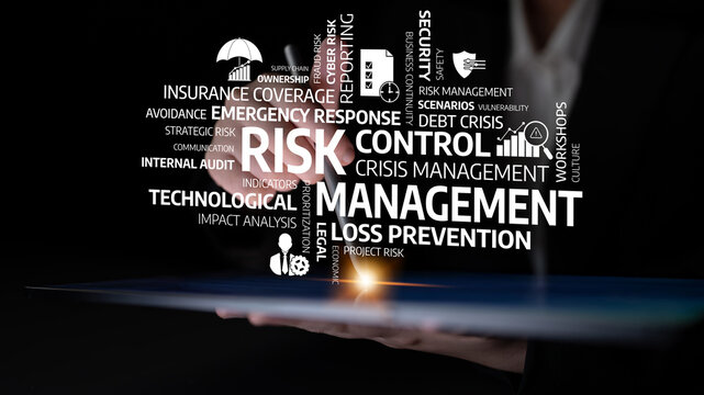 Abstract visual representation of risk management featuring various terms related to control, crisis, security, and technological aspects essential for business strategy. Tessel