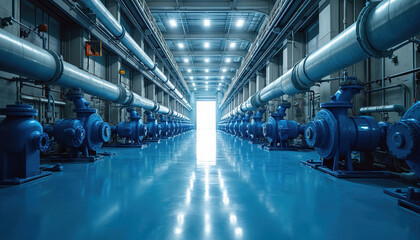 Naklejka premium Rows of blue industrial pumps, large metal pipes fill vast factory space. Bright light shines from open doorway at far end of building. Clean blue floor reflects overhead lights. Machinery operates.