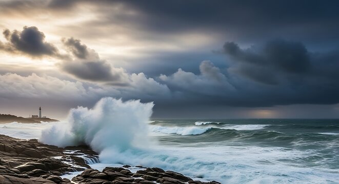 Dramatic ocean waves crashing against rocky shore under stormy sky