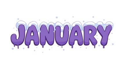 January text in purple dripping icy letters with snow accents