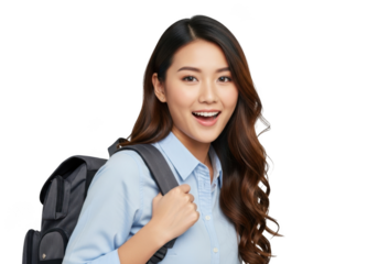 Smiling young asian woman with long brown hair wearing a light blue shirt and carrying a black backpack isolated on transparent background
