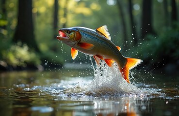 A large trout leaps from clear river water surrounded by trees. Dynamic splash shows fish activity in its natural habitat. Focus on wild aquatic life and motion.