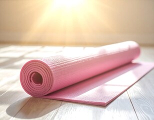 Close-up of a rolled-up pink exercise mat on a light wooden floor. Warm sunlight streams in, illuminating the scene