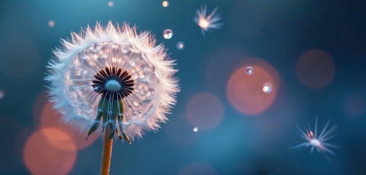 Close up macro view of dandelion seed head with flying seeds and water drops. Soft focus background with bokeh lights. Dreamy and magical atmosphere, natural detail.
