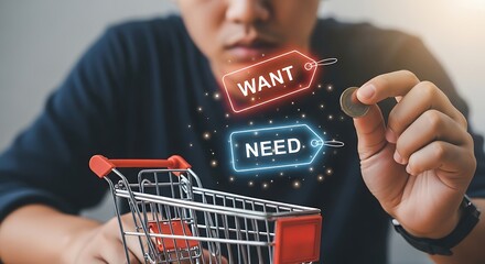 Concept of financial planning with shopping cart and coin decision making