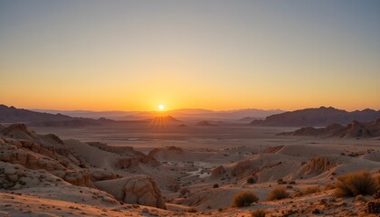 A panoramic desert mountain range at golden hour sunrise or sunset. Isolated on transparent background,