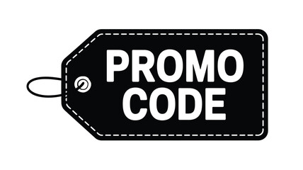 Black promo code tag with white text and string