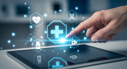 Digital Healthcare Technology on Tablet Device with Modern Medical Icons