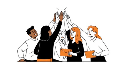 Diverse team celebrating achievement with high five and holding envelopes in office