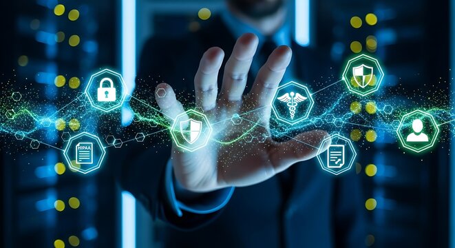 Digital healthcare security concept with hand interacting with virtual icons for privacy