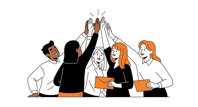 Diverse team celebrating achievement with high five and holding envelopes in office
