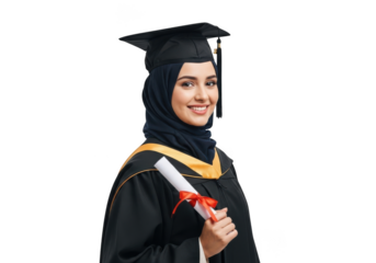 Young muslim woman wearing graduation cap and gown holding diploma scroll proudly smiling isolated on transparent background