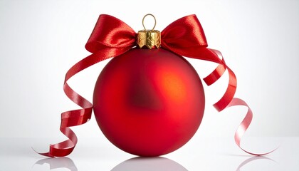 red Christmas ornament with gold cap and red satin bow on white background