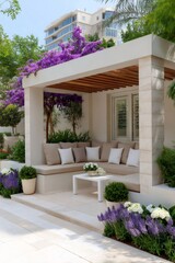Naklejka premium Outdoor pergola with comfortable seating, lush plants, and a modern design