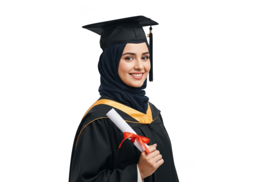 Young muslim woman wearing graduation cap and gown holding diploma scroll proudly smiling isolated on transparent background - Powered by Adobe