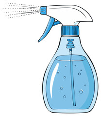 Illustrated Blue Spray Bottle Spritzing Mist with Bubbles Isolated on White Background