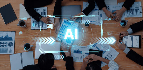 Concept of advanced Artificial Intelligence technology. A futuristic heads-up display shows the core system processing data, representing machine learning and complex analysis. Fermion