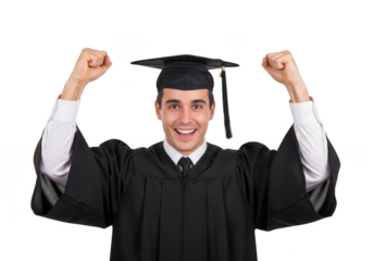 Excited young man wearing graduation cap and gown celebrating achievement with arms raised in triumph isolated on transparent background