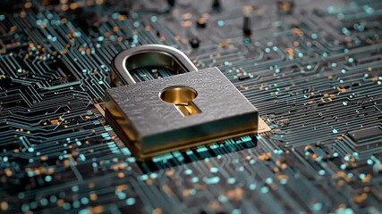 Digital padlock on a circuit board, symbolizing cybersecurity and data protection in a tech landscape