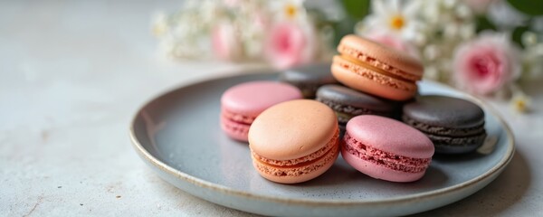 Assorted vibrant French macarons in various colors rest on grey ceramic plate. Soft blurred flowers bloom behind. Delicate pink, peach, chocolate sweets piled on light table. Elegant dessert cookies