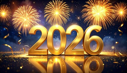 2026 New Year celebration with gold glitter numbers and fireworks