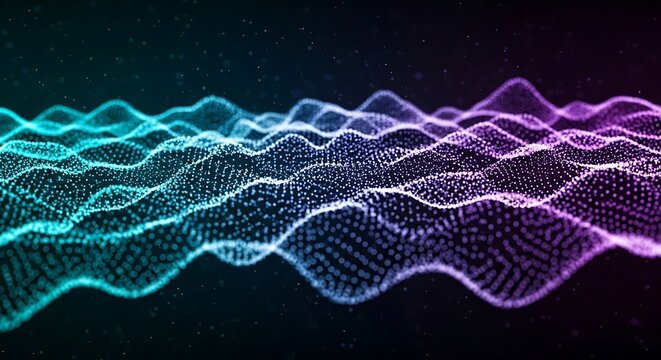 Abstract digital wave with flowing particles in blue and purple gradient