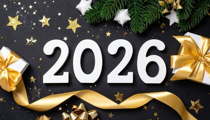 2026 New Year celebration with white numbers, gold stars, and pine branches on dark background
