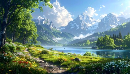 Lush landscape scene featuring a calm lake, vibrant wildflowers, verdant trees, and majestic snow-capped mountains under a bright sky