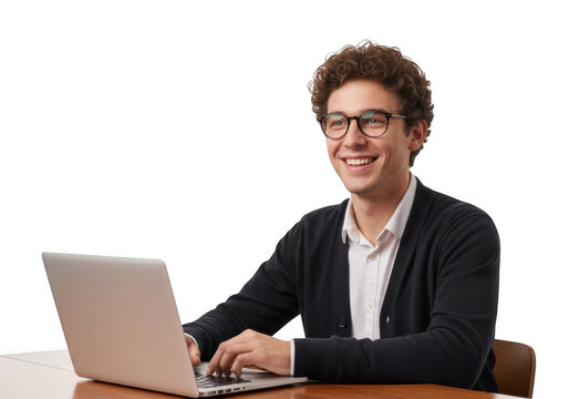 Young man with curly hair and glasses smiling while typing on a laptop computer isolated on transparent background