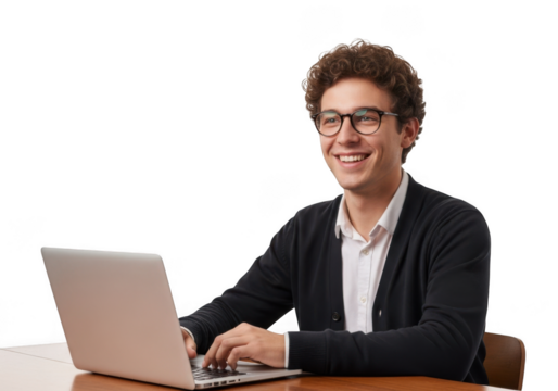 Young man with curly hair and glasses smiling while typing on a laptop computer isolated on transparent background