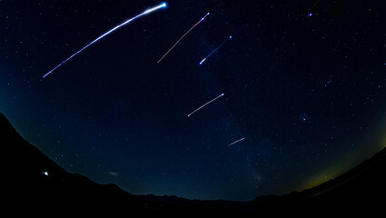 Starry Night Sky with Multiple Meteor Showers Over Mountains stars astronomy