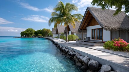 Maldives resort bungalows along turquoise ocean water