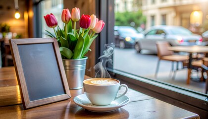 Steaming Coffee with Tulip Bouquet and Blank Chalkboard Menu in Stylish Café
