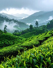 Lush, verdant hills of tea plantations cascade down slopes, partially veiled by morning mist. The moody sky promises rain