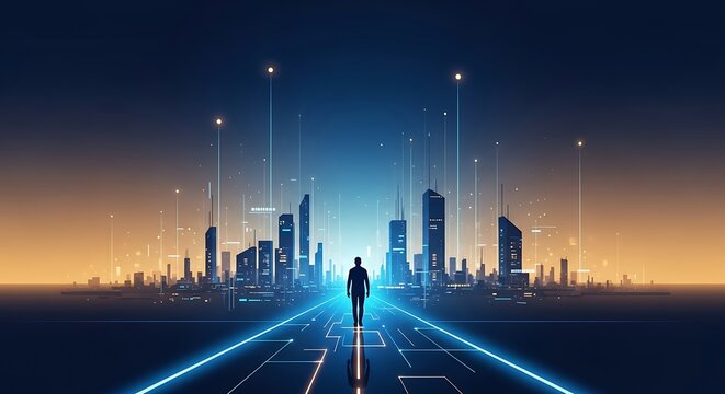 Man walks towards futuristic digital city illuminated by glowing lines