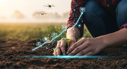 Planting seedling in soil depicting modern farming with drones and technology