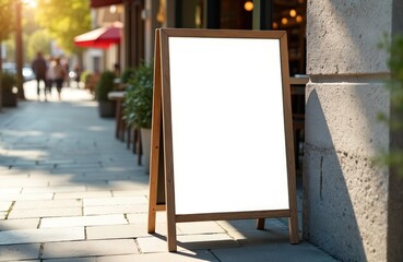 Empty wooden A-frame sidewalk sign stands on pavement near cafe. Outdoor menu board displays blank white space for text. People walk along street in soft focus background.