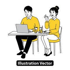Couple Working at a Table with Laptop and Drinks Illustration