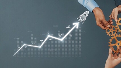This image captures the essence of business growth, featuring hands working together with rocket imagery, representing innovation and upward progress through data-driven strategies. Raster