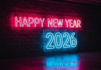 Happy new year 2026 neon sign glowing on a brick wall.