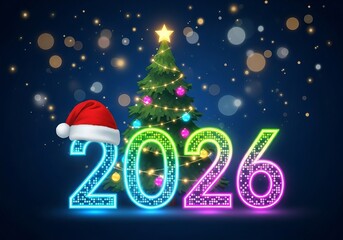 New year 2026 celebration, festive tree, and santa hat