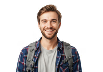 Smiling young man with backpack and plaid shirt ready for adventure isolated on transparent background