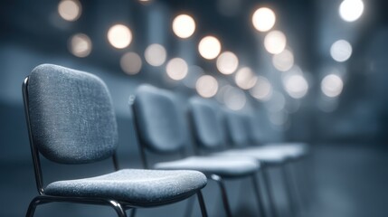 A series of empty chairs lined up, softly illuminated by blurred lights in the background, creating a calm yet intriguing atmosphere.