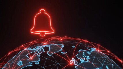 A glowing red notification bell icon hovers over a digital globe with a worldwide network. - Powered by Adobe